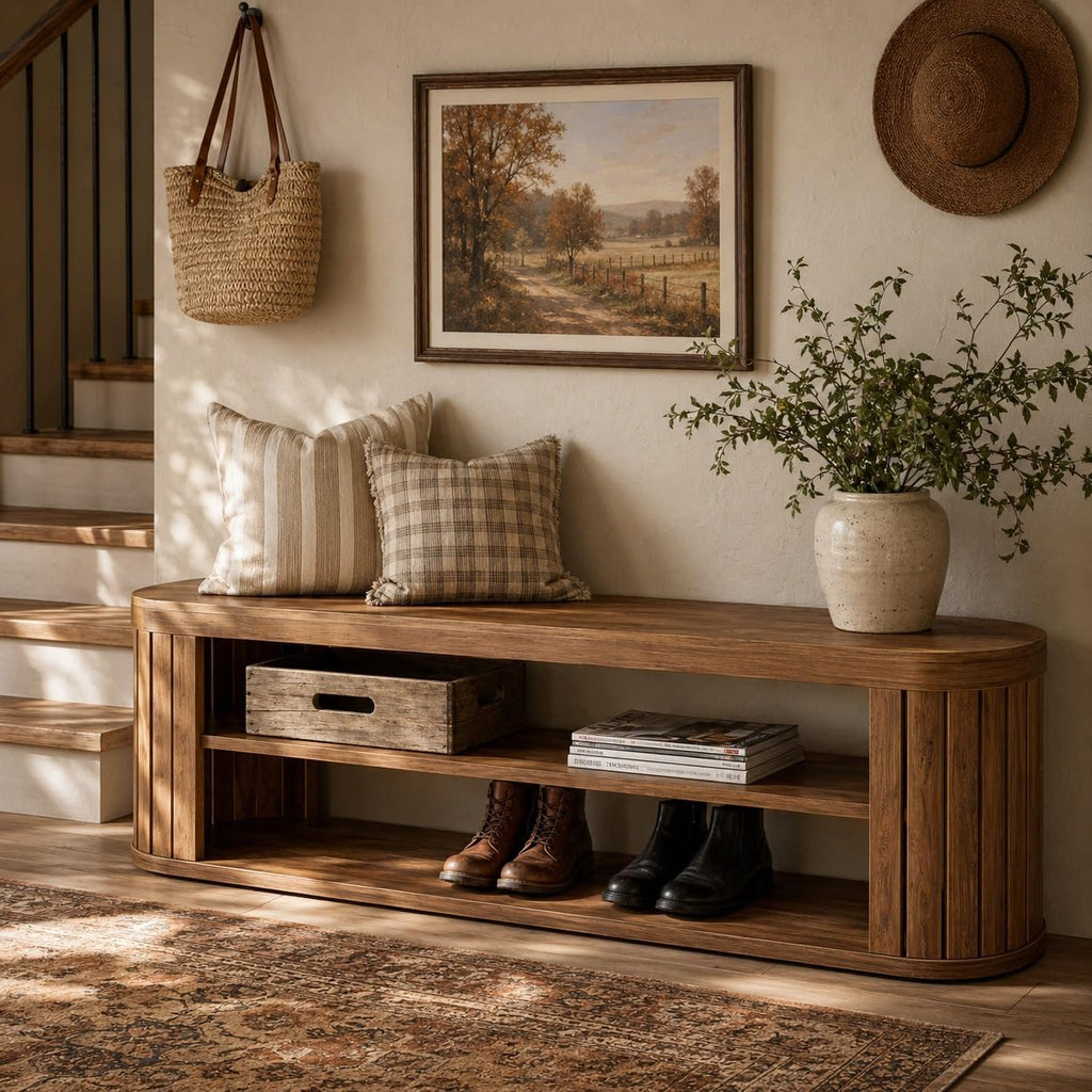 Tribesigns 47.2 in. 3-Tier Entryway Bench with Shoe Storage,Farmhouse Wooden Foyer Bench with Adjustable Foot Pads,End of Bed Bench for Hallway,Bedroom,Entryway (Brown)