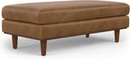 SIMPLIHOME Morrison 49" Wide Genuine Leather Rectangle Ottoman in Caramel | Caramel brown, mid-century modern ottoman with a cushioned top for extra seating, coffee table or footrest.