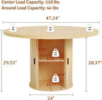 47 inch Round Dining Table for 4-6, Dinner Table with 2-Layer Storage Shelf, Morden Circle Kitchen Table with Wooden Strip Base and Wood Slide Door for Home Dining Room, Living Room, Natural