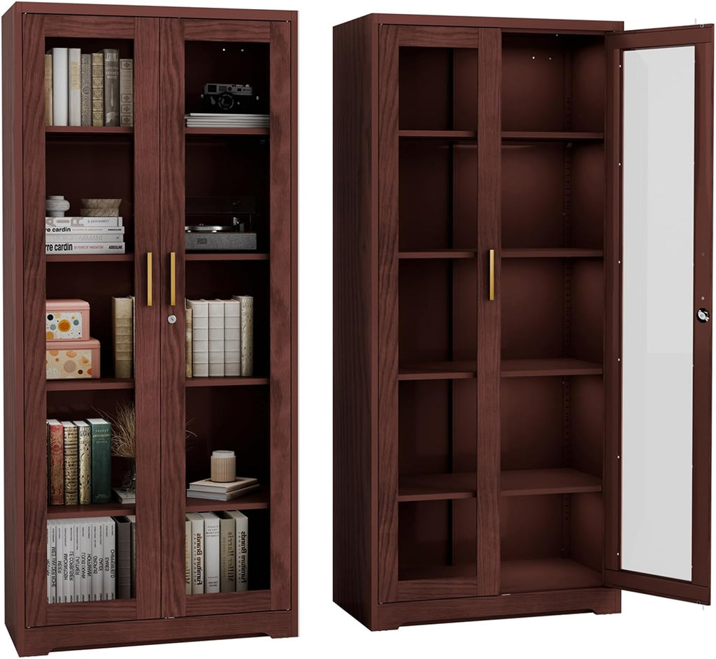 Display Cabinet with Glass Doors,71" Metal Curio Cabinets with 4 Adjustable Shelves, 5 Tier Display Case for Collectibles, Metal Storage Cabinet, Brown