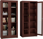 Display Cabinet with Glass Doors,71" Metal Curio Cabinets with 4 Adjustable Shelves, 5 Tier Display Case for Collectibles, Metal Storage Cabinet, Brown
