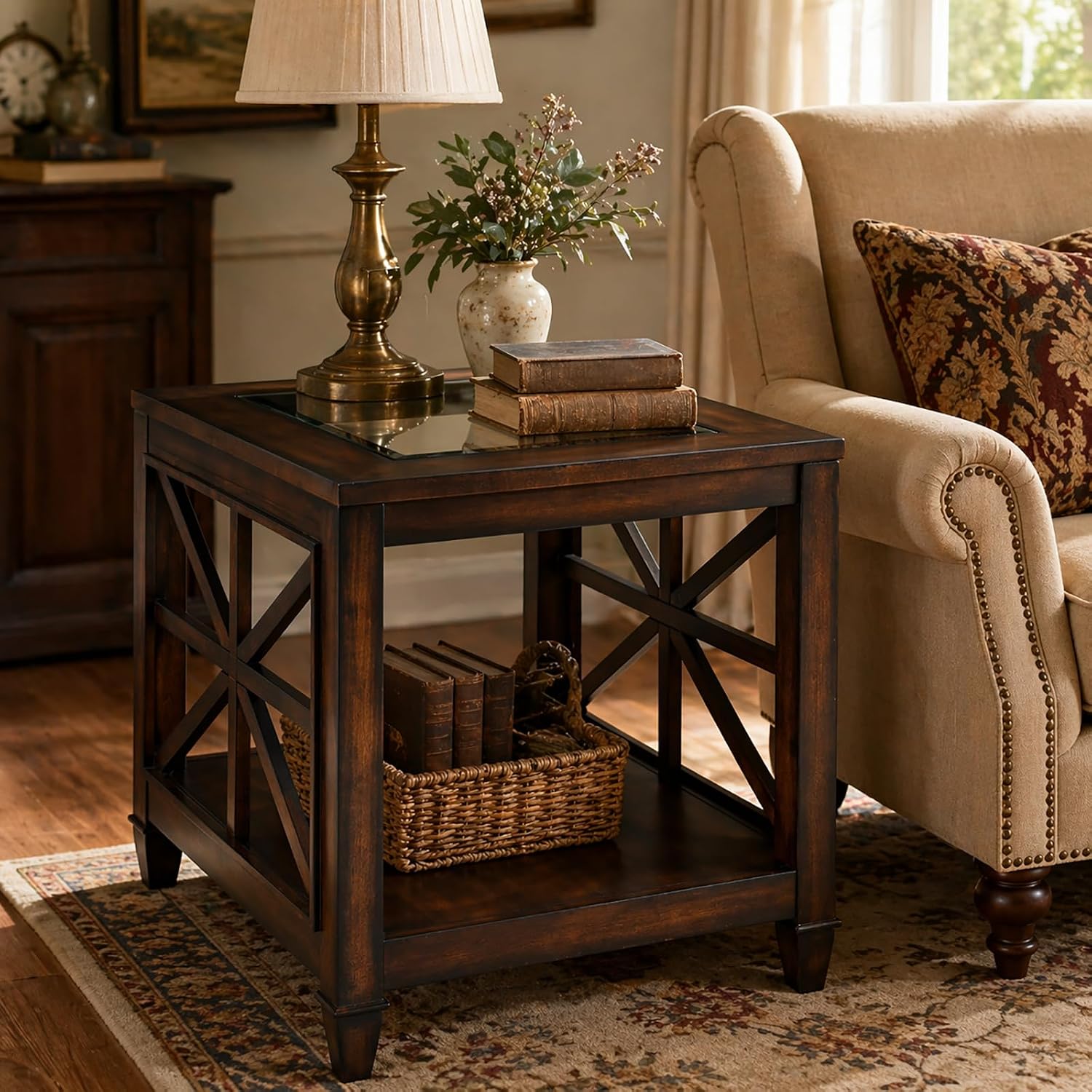 Set of 2 Solid Wood End Tables with Tempered Glass Top, 28" x 24" Large Farmhouse Side Table for Living Room, Bedroom & Office, Vintage Walnut