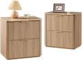 Fluted Nightstands Set 2 with Faux Marble Top, Modern Bedside Table | FSC-Certified Engineered Wood, 24" H, 2 Drawers, Rounded Corner, Metal Handle, for Bedroom, Natural Oak