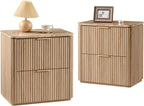 Fluted Nightstands Set 2 with Faux Marble Top, Modern Bedside Table | FSC-Certified Engineered Wood, 24" H, 2 Drawers, Rounded Corner, Metal Handle, for Bedroom, Natural Oak