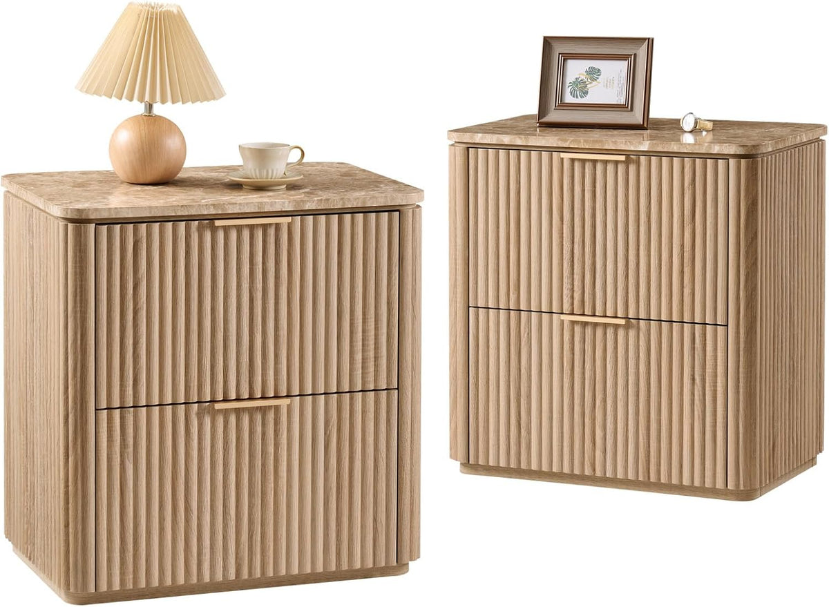 Fluted Nightstands Set 2 with Faux Marble Top, Modern Bedside Table | FSC-Certified Engineered Wood, 24" H, 2 Drawers, Rounded Corner, Metal Handle, for Bedroom, Natural Oak