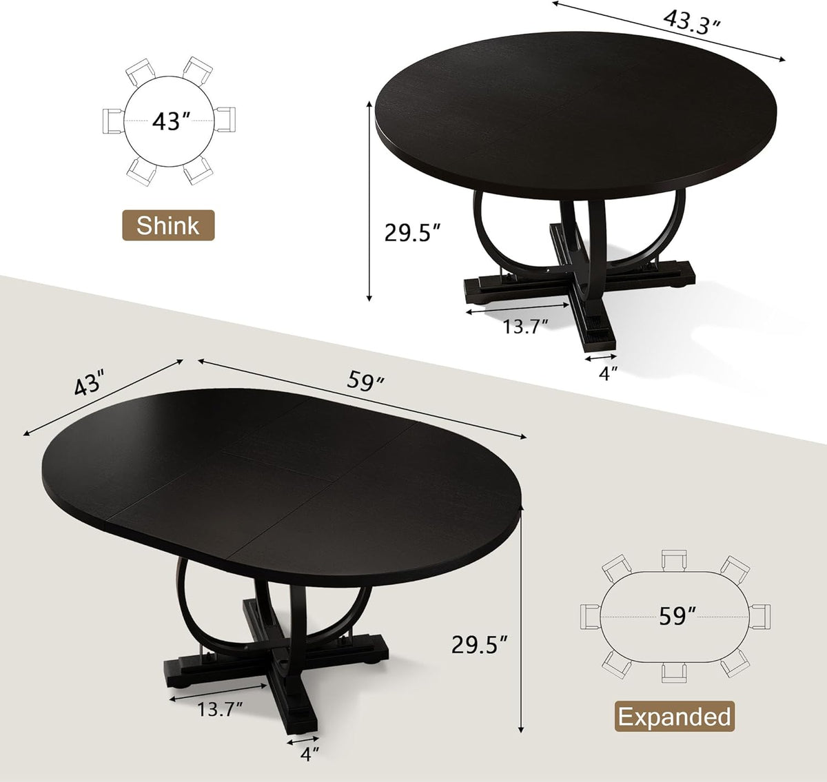 Einhomn 59" Extendable Round Dining Table for 4-6, Modern Oval Kitchen Table with Heavy Duty Curved Legs & Pedestal Base, Space Saving Circle Dinner Room Table for Dining Kitchen Living Room, Black
