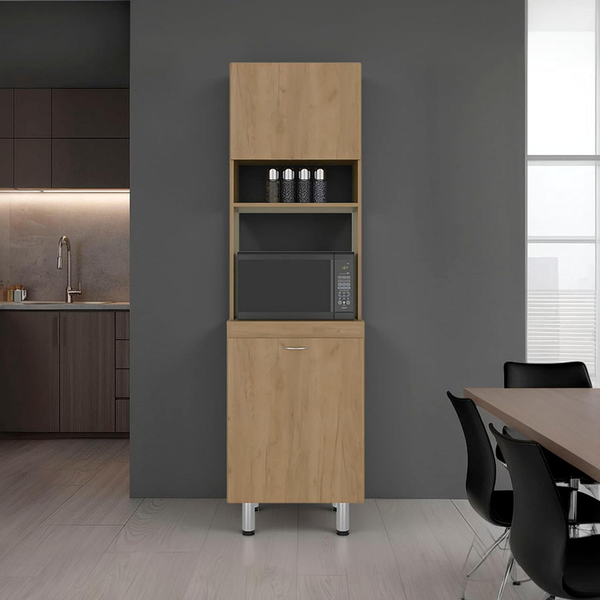 DEPOT E-SHOP 22" Fingal Kitchen Pantry with Microwave Space, Four Shelves and Closed Storage, Natural Oak - Kitchen – Tall Kitchen Storage & Pantry Organization