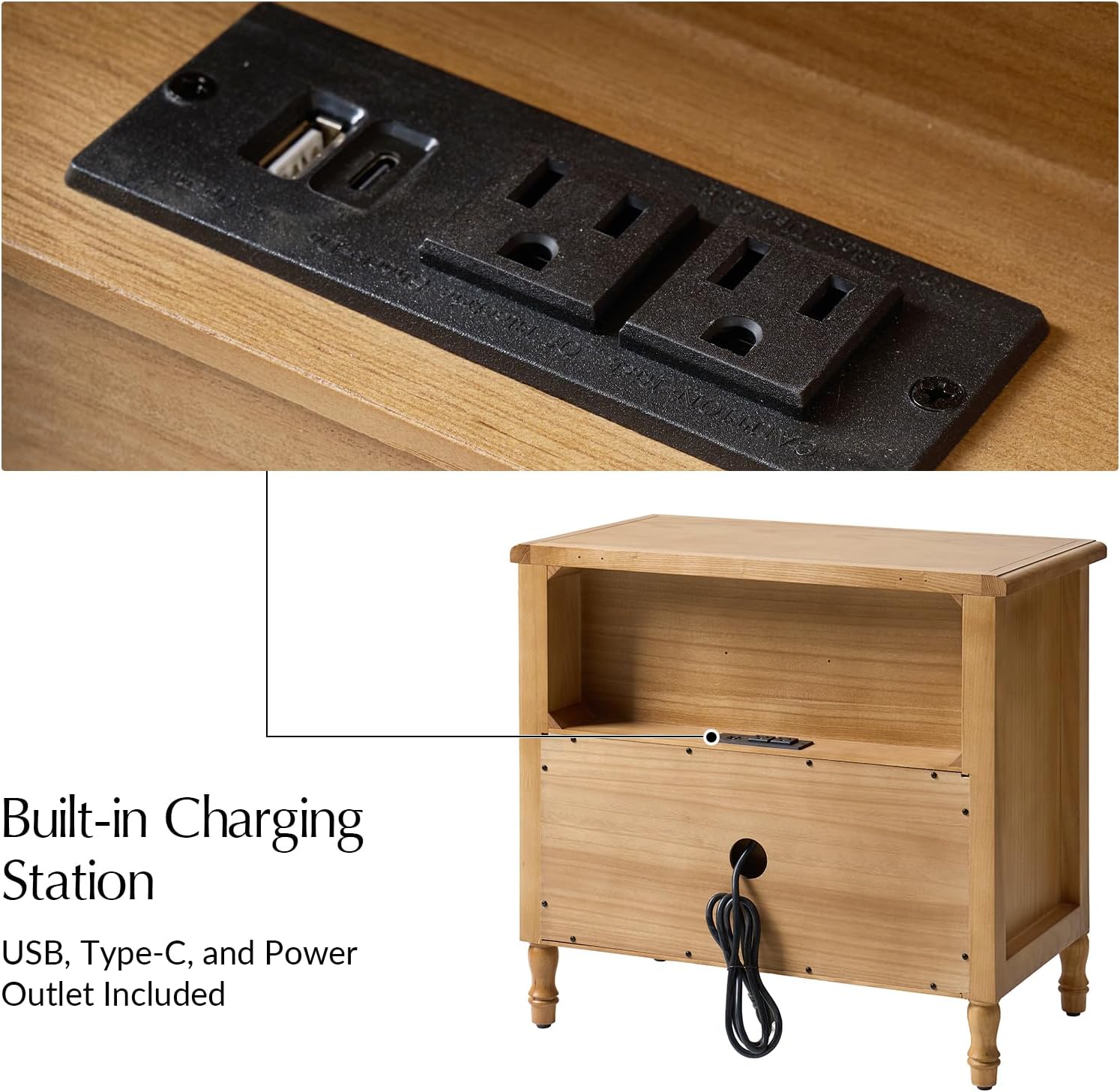 HULALA HOME 26" Solid Wood End Table with Spindle Legs, 2 Drawer Accent Table with Built-in Charging Station, Refined Transitional Style(Oak, Set of 2)
