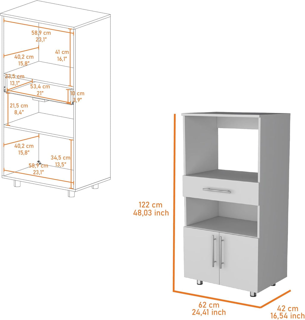 FM FURNITURE Corsica Pantry Cabinet Microwave Stand, Multi-Function with Drawer,White