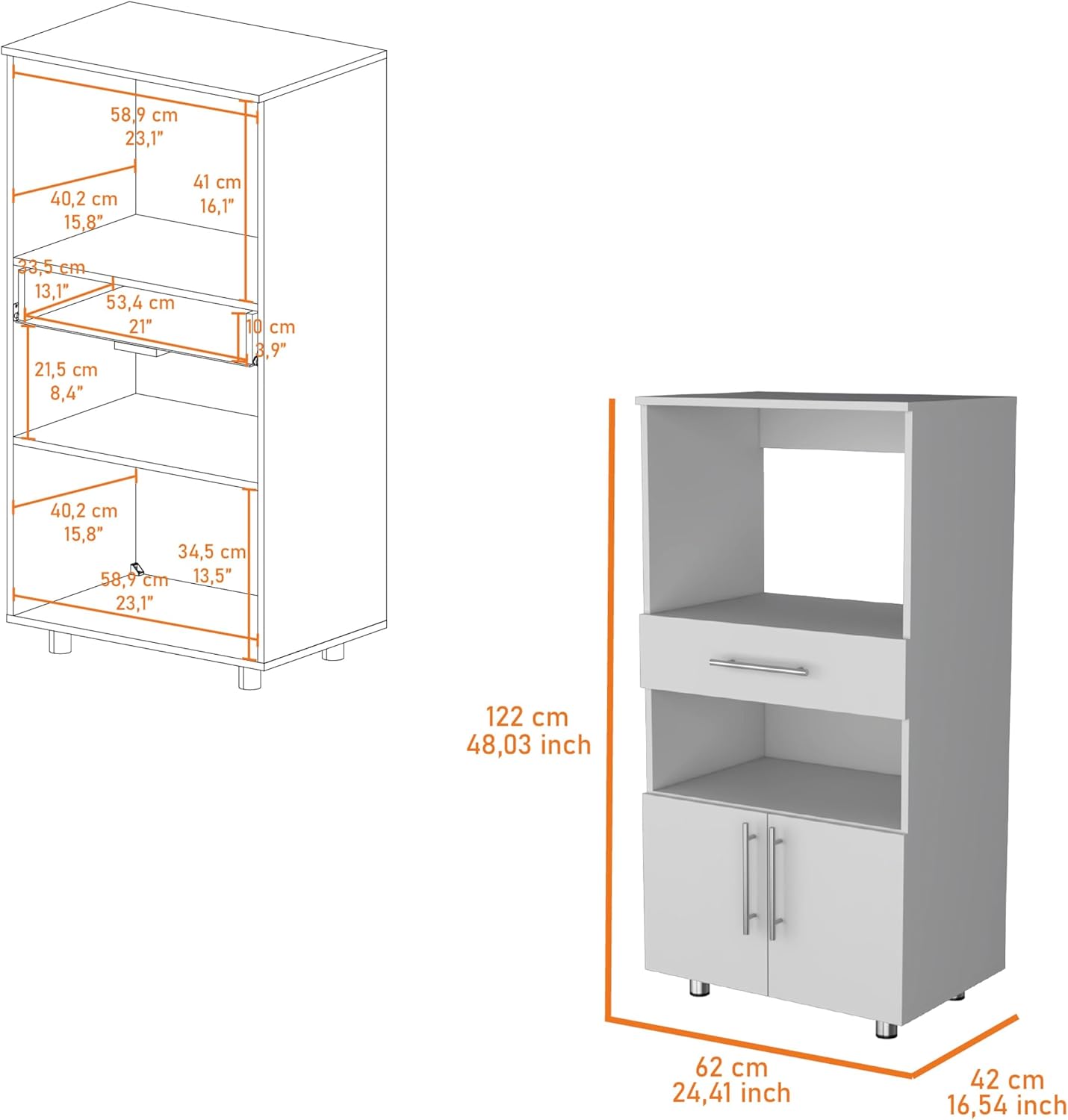FM FURNITURE Corsica Pantry Cabinet Microwave Stand, Multi-Function with Drawer,White