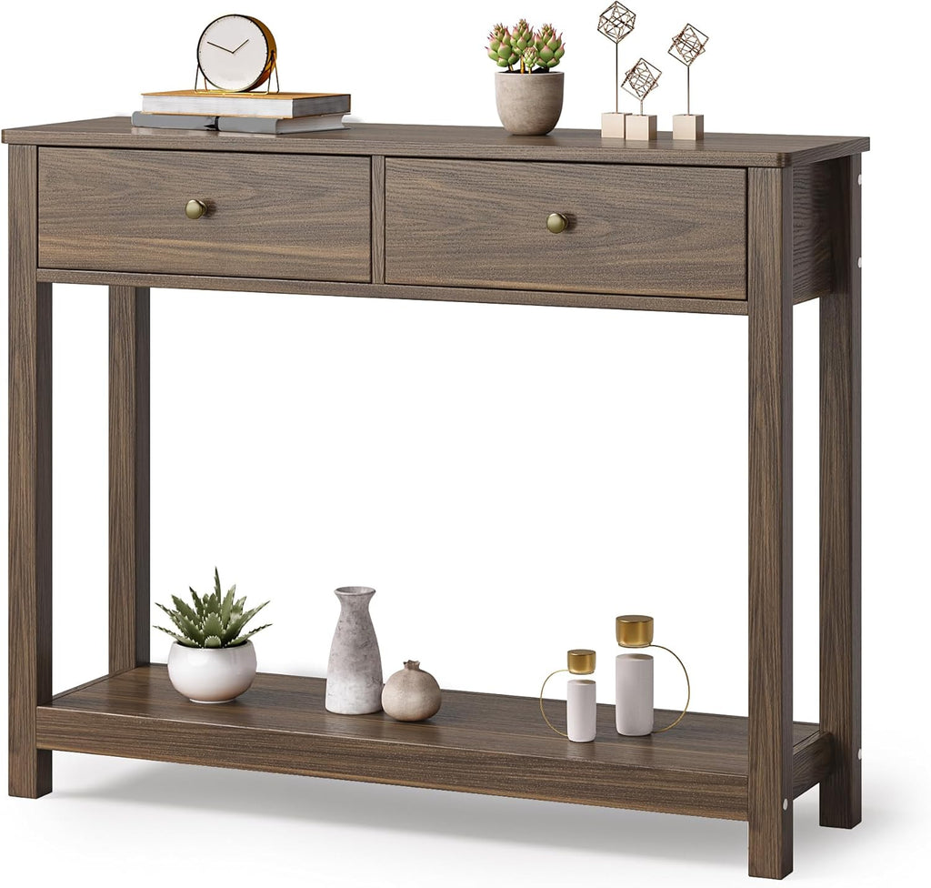 Gizoon Console Table with 2 Drawers, 2-Tier Wood Entryway Table with Storage Shelves, 39" W Wood Accent Sofa Table for Front Hall, Hallway, Living Room, Dark Brown
