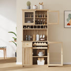 Polibi Farmhouse Freestanding Kitchen Pantry Cabinet Buffet with Hutch, Wine Rack, Adjustable Shelves, Pull-Out Bottle Trays & Glass Doors, 35.4x17.7x74.8inch,Natural