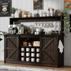 4ever2buy 55" Farmhouse Coffee Bar Cabinet with Storage & Wine Rack, Oak | Storage Hutch with Adjustable Shelves, Wine Rack and 8 Hooks for Living Room or Dining Room Storage