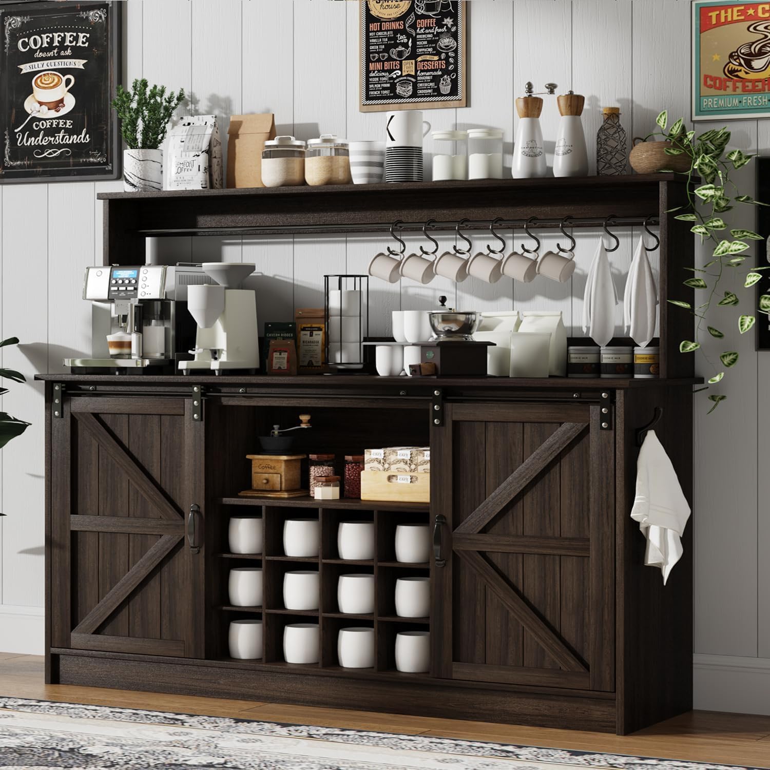 4ever2buy 55" Farmhouse Coffee Bar Cabinet with Storage & Wine Rack, Oak | Storage Hutch with Adjustable Shelves, Wine Rack and 8 Hooks for Living Room or Dining Room Storage