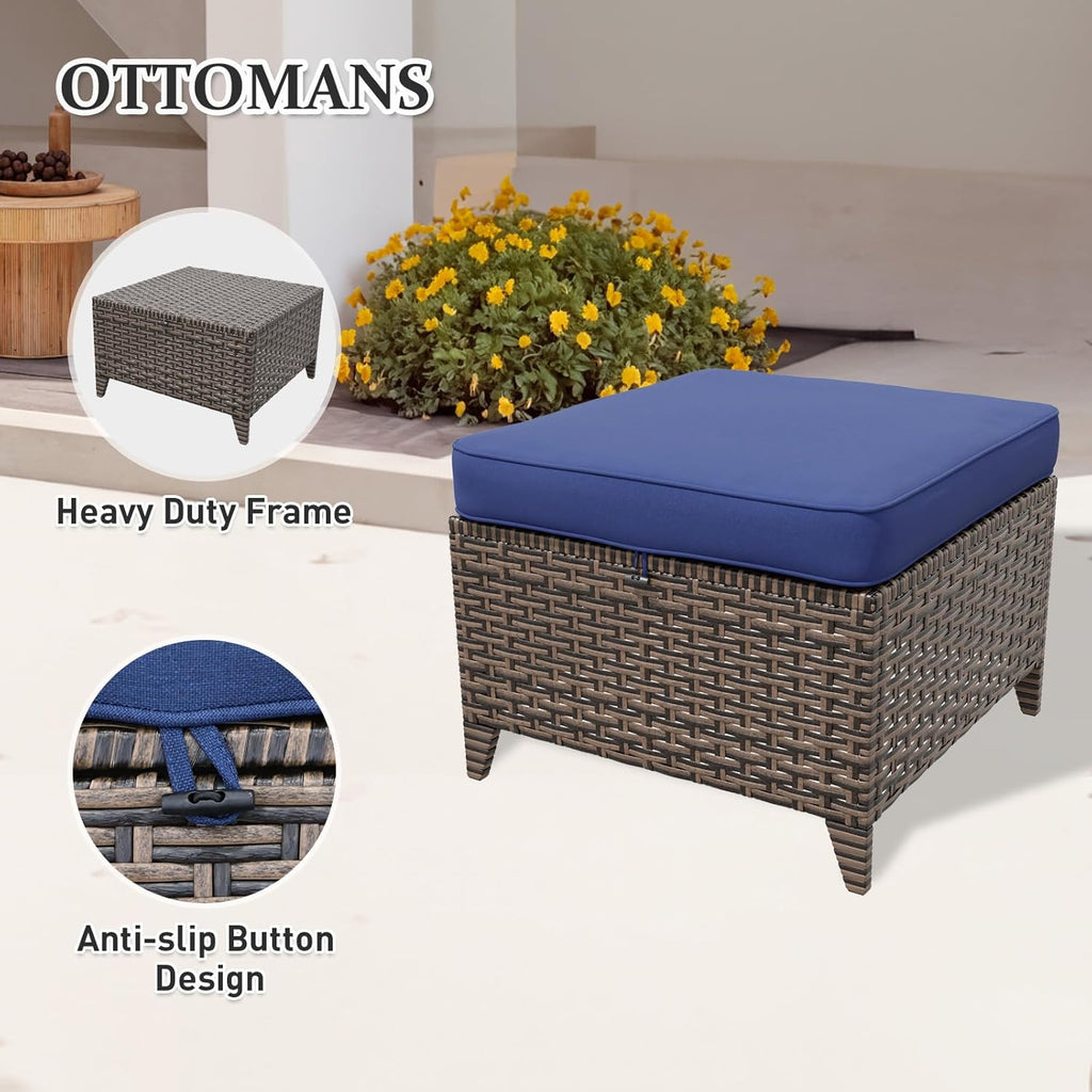 Canyon Ridge Wicker Outdoor Ottomans Set of 2, Patio Ottoman Foot Rest for Couch with Removable Cushions for Patio, Deck, Backyard and Poolside, Brown/Blue