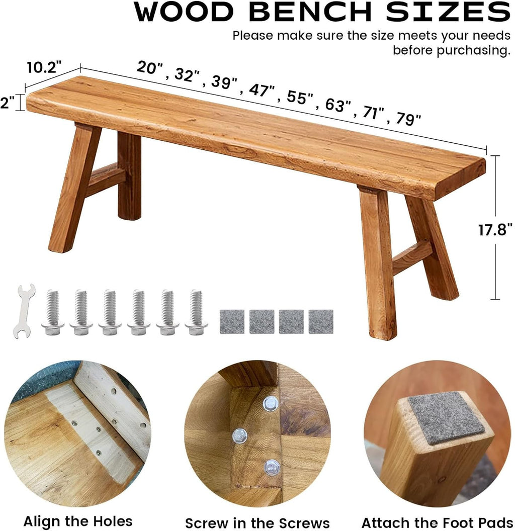 Narrow Entryway Bench Farmhouse Wood End of Bed Bench 20" 32" 39" 47" 55" 63" 71" 79" Sturdy Stable Skinny Long Benchs for Bedroom Hallway Dining Room Porch Easy to Assemble Natural Finish(55")