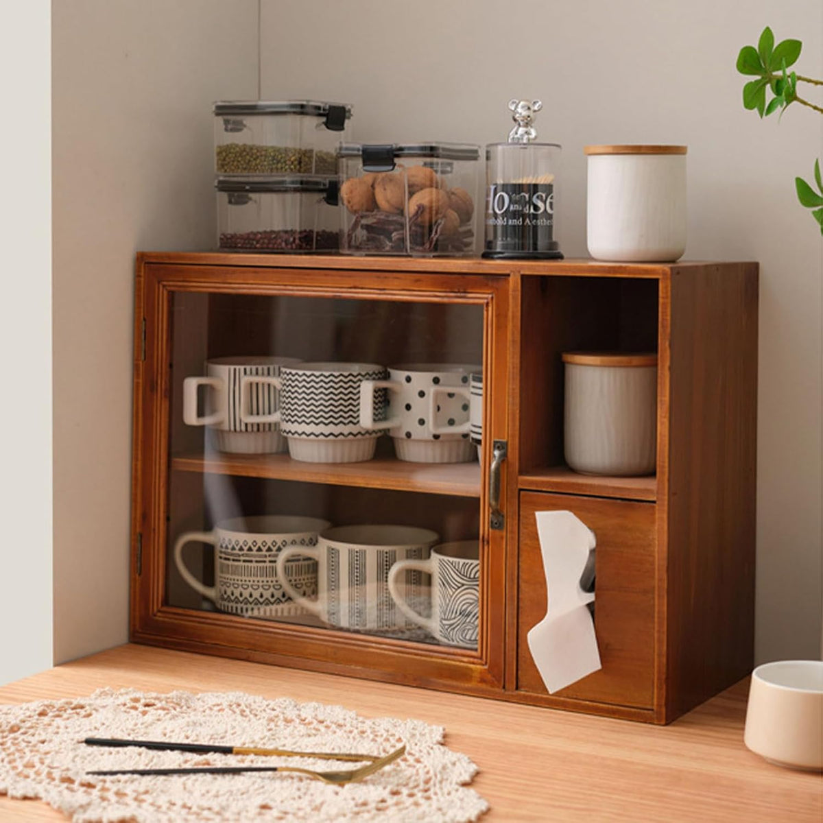 Gdrasuya10 Wooden Countertop Storage Cabinet Kitchen Small Pantry, Kitchen Countertop Organization Storage Shelf Pantry with Door Tabletop Countertop Spice Rack for Dishs, Cups, Bowls