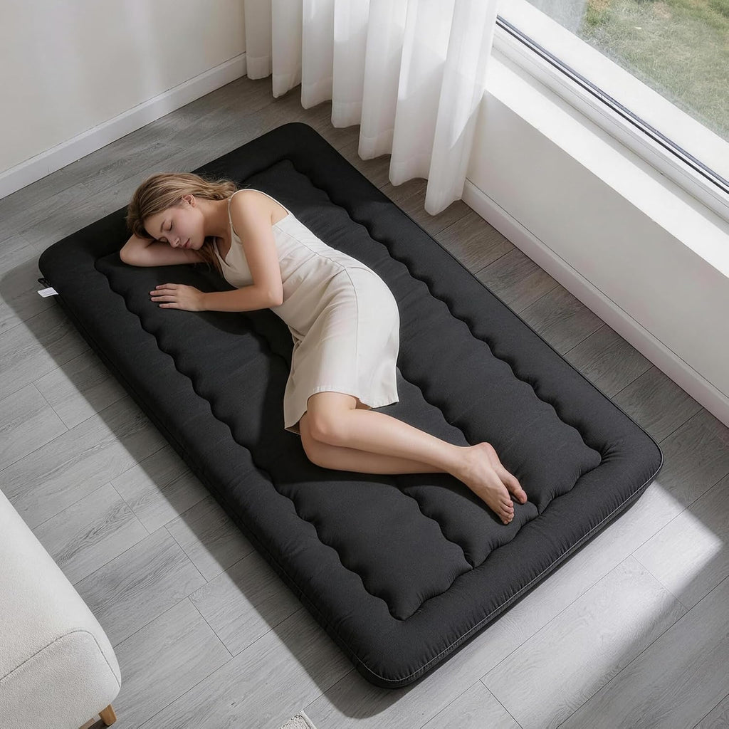Twin Size Japanese Futon Mattress Foldable Topper Mattress for Floor Tatami Floor Mat Portable Roll-Up Bed for Guest Play mat Sleeping Pad Black B