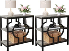 End Table Set of 2, Narrow Side Table with 3-Tier Storage Shelves, Wood Sofa Side Table with Geometric Metal Frame for Living Room, Industrial Bedside Nightstand for Bedroom (Gray)
