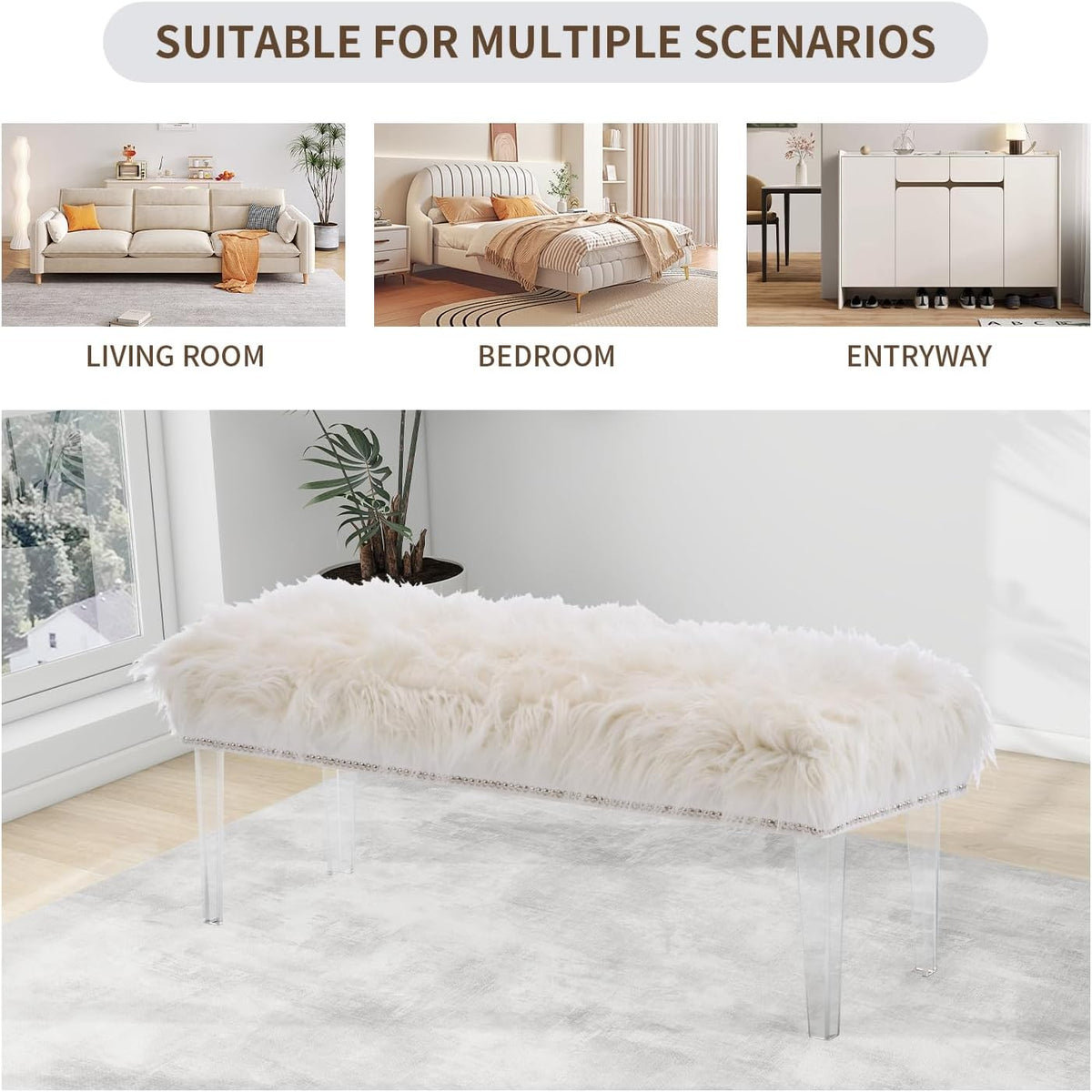 Modern White Faux Fur Ottoman Bench - Upholstered Furry Bench with Acrylic Legs for Bedroom, Living Room, Entryway, Vanity or Bed End