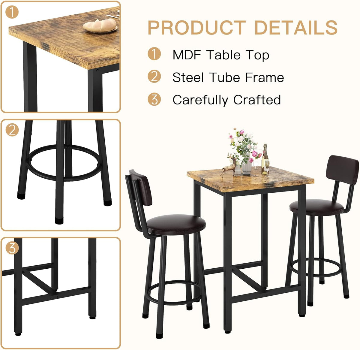 Recaceik 3 Piece Pub Dining Set, Modern bar Table and Stools for 2 Kitchen Counter Height Wood Top Bistro Easy Assemble for Breakfast Nook Living Room Small Space Restaurant, Rustic Brown 24”
