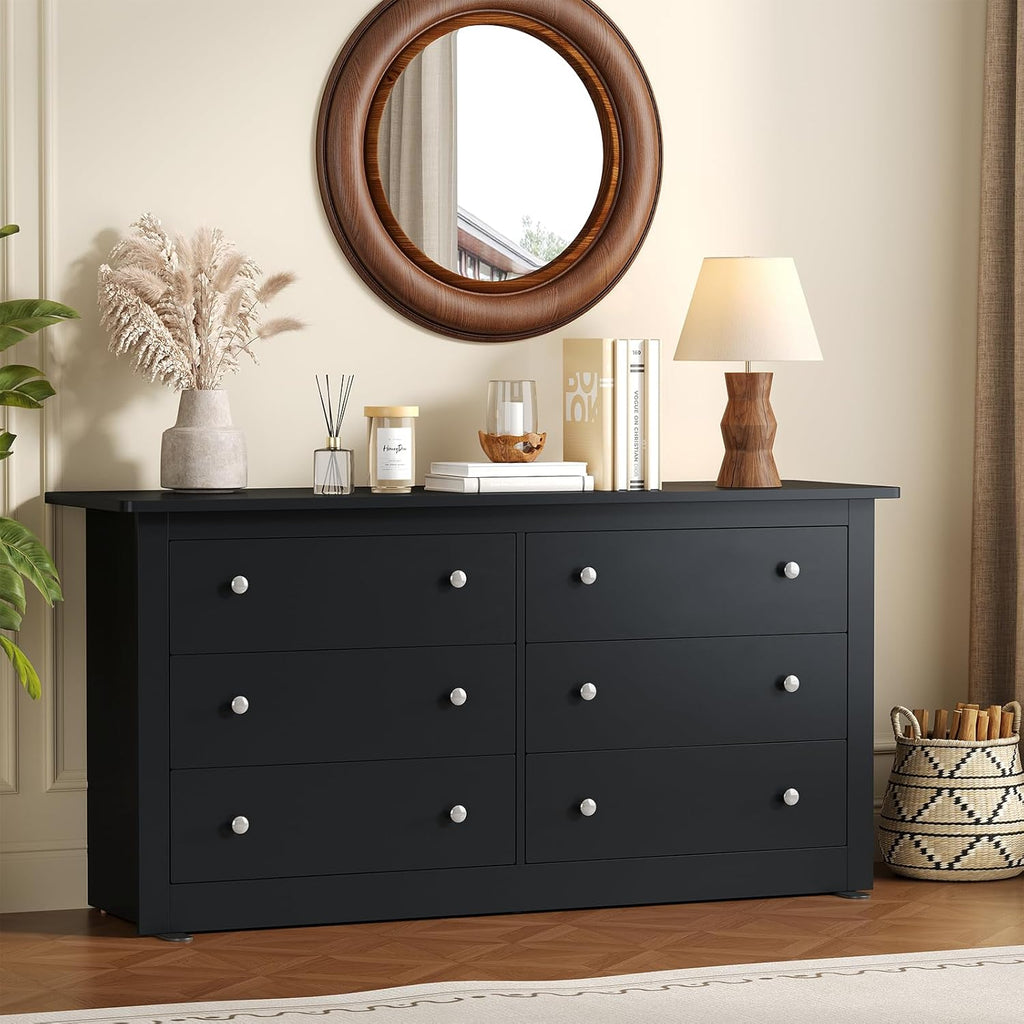 DUMOS Home Storage for Living Room, Wood Cabinet with 6 Drawers, 59" Wide TV Stand with Metal Handles, Storage Organizer for Bedroom, Entryway and Home Office, Wood