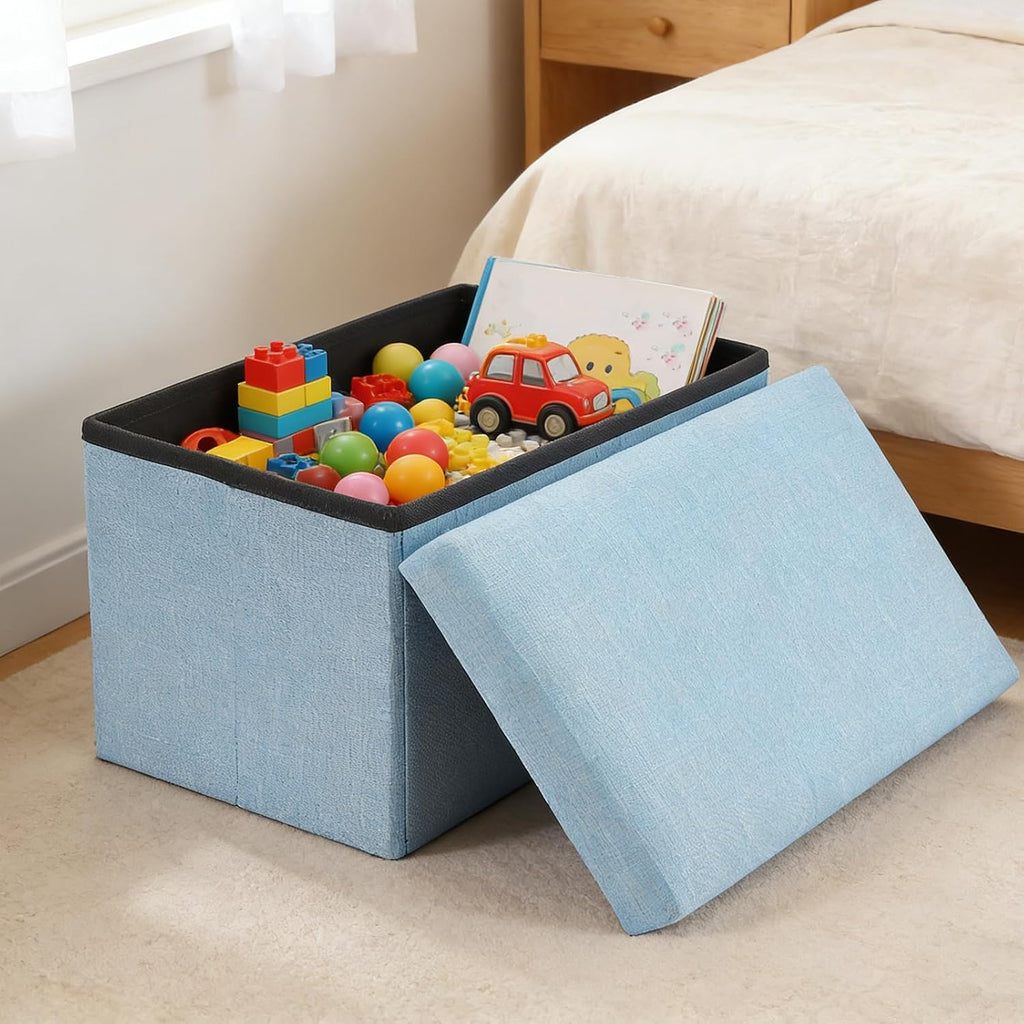 HOZEON 3 Pack 15.7 x 9.8 x 9.11 Inches Folding Storage Ottoman, Blue Rectangle Footrest Seat, Multifunctional Foot Stool for Living Room, Office, Traveling, Fishing, Camping