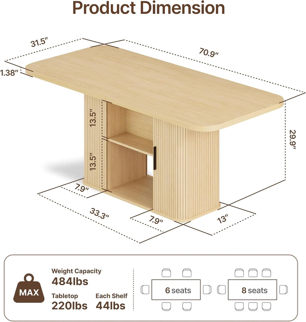 SUNCOZE 70.9" Oval Dining Table for 4-6 People, Large Farmhouse Kitchen Table with Open Storage Base, Fluted Mid-Century Modern Kitchen and Dining Room Furniture, Wood