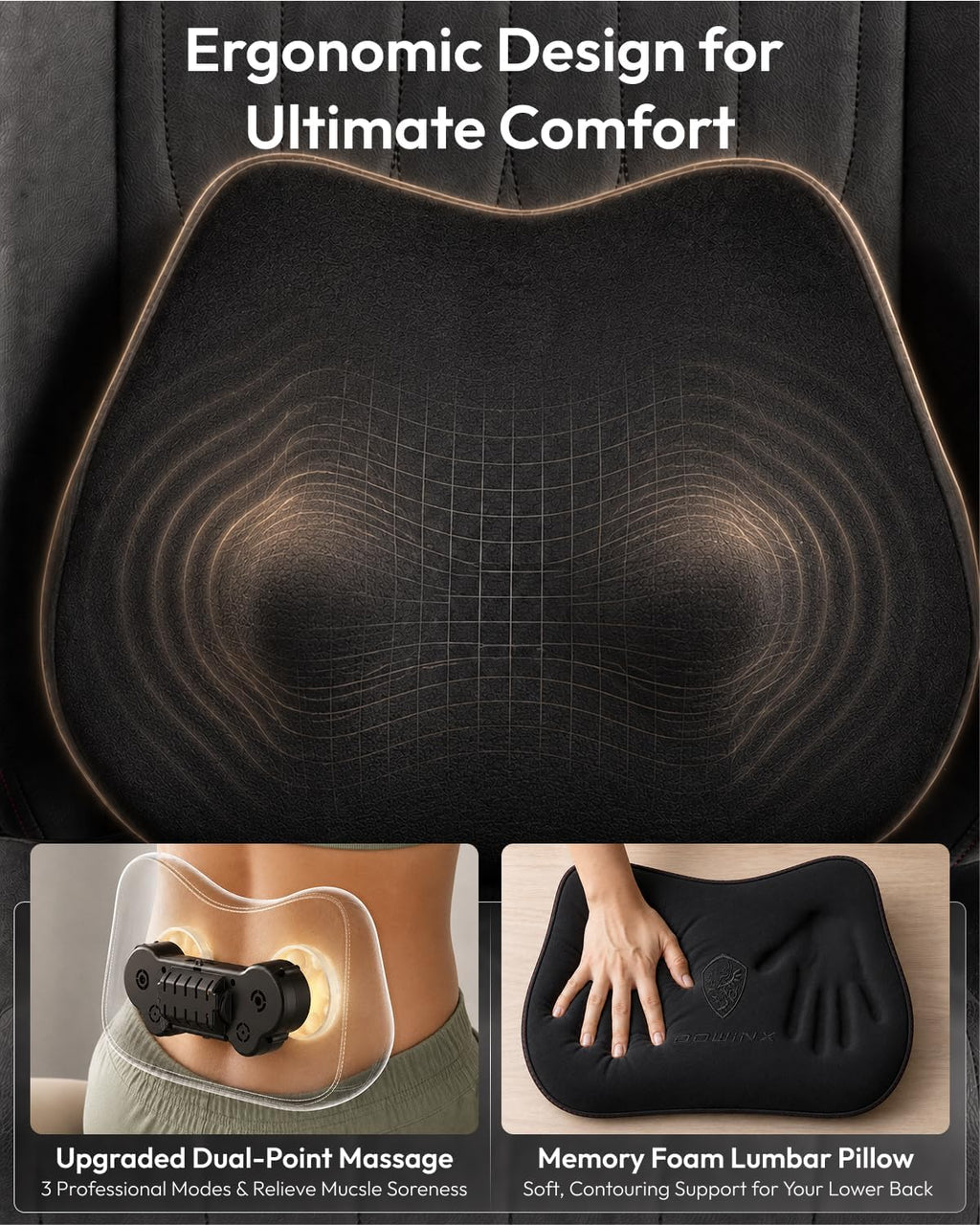 Dowinx Ergonomic High Back Gaming Chair for Adults with Massager Black | Shiatsu Neck Massage and Dual Point Massage Lumbar Pillow with Pocket Spring Cushion, 90-145°Recline for Home Office Gaming