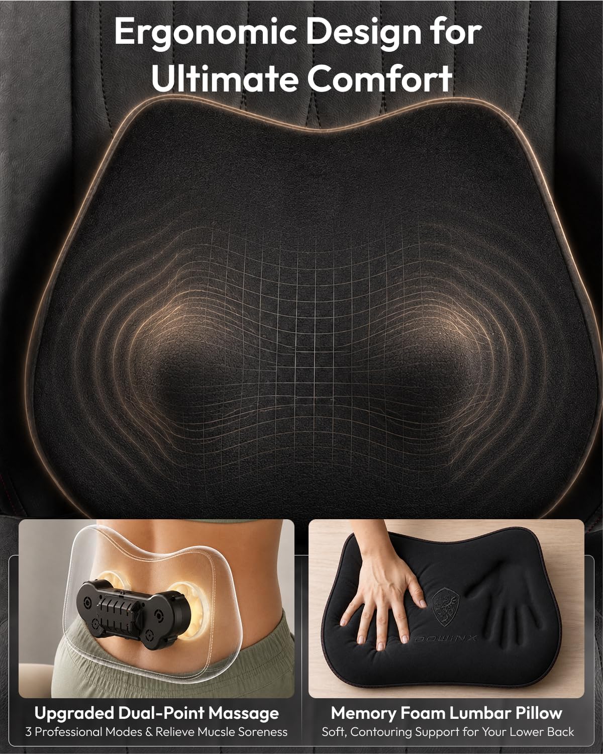 Dowinx Ergonomic High Back Gaming Chair for Adults with Massager Black | Shiatsu Neck Massage and Dual Point Massage Lumbar Pillow with Pocket Spring Cushion, 90-145°Recline for Home Office Gaming