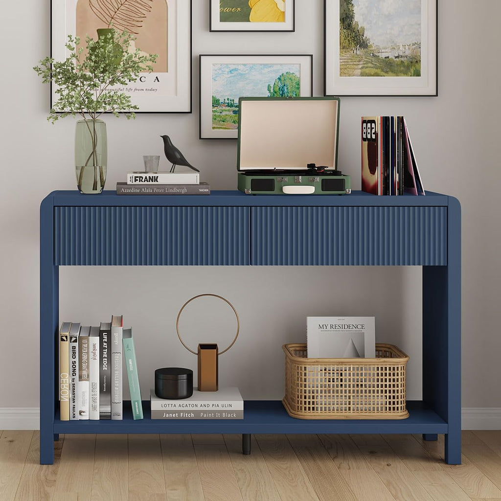 FATORRI Console Sofa Table for Entryway, 47.2 Inch Wood Hallway Tables for Living Room, Modern Couch Table behinde Sofa with 2 Drawers for Foyer Storage (Blue)