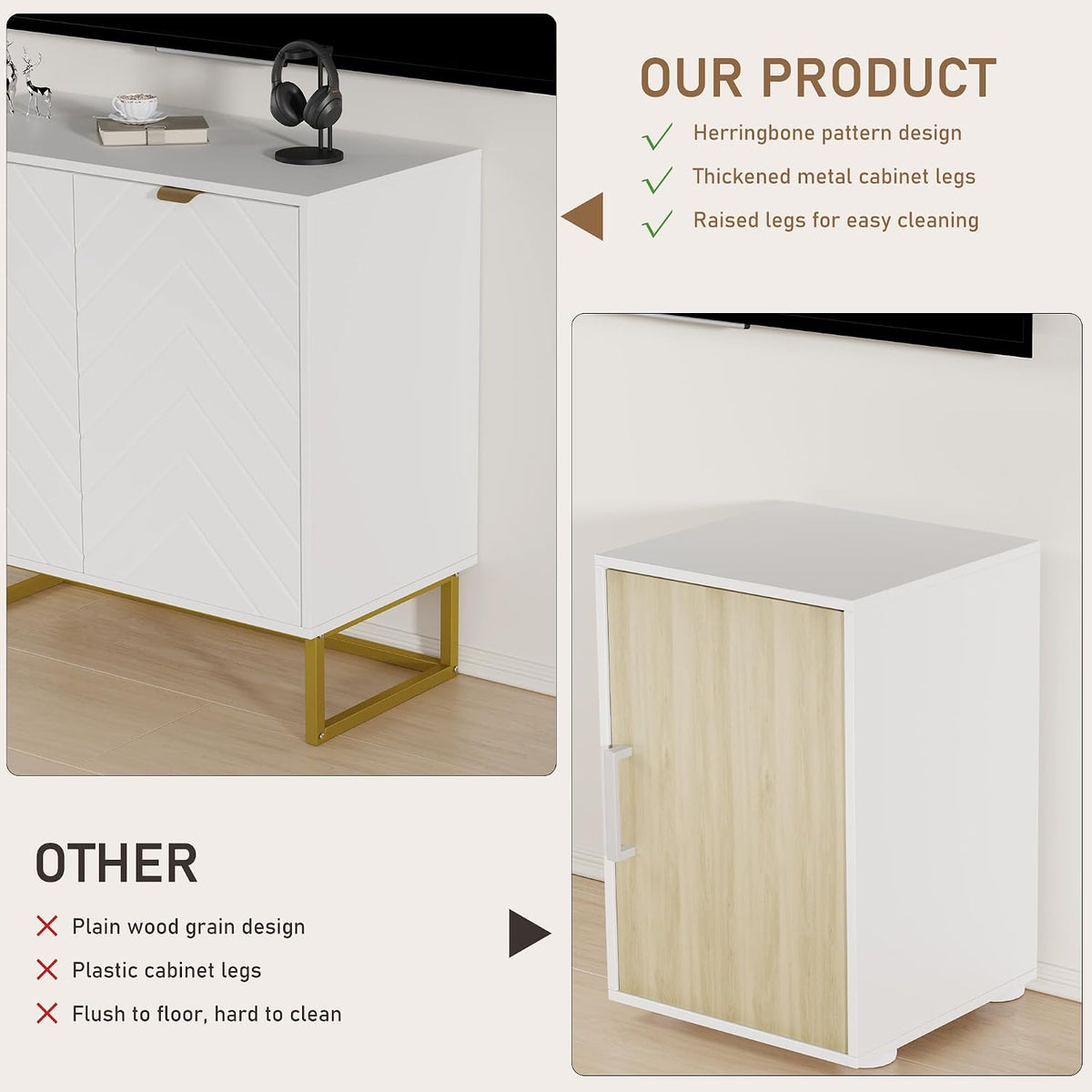 Garvee 31.5 in Modern Sideboard Buffet Cabinet with Storage, Wood Accent Storage Cabinet with Herringbone Doors & Shelf, Credenza Console Table for Dining Room Living Room Entryway, White