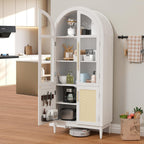 71" Tall Arched Cabinet with Glass Doors, Kitchen Pantry Storage Cabinet with Dust-Proof Rattan, 5-Tier Curio China Cabinet with Adjustable Shelves for Living Room Dining Room, White