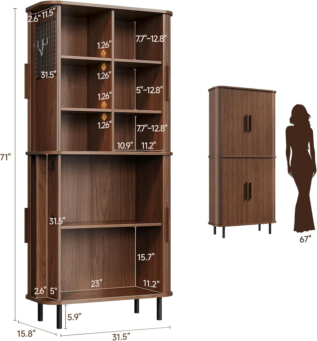 71" Tall Fluted Pantry Cabinet, Mid-Century Modern Kitchen Pantry Storage Cabinet with 2 Pegboards, 10 Hooks, Freestanding Cupboard with 4 Adjustable Shelves, Sliding Doors for Dining Room