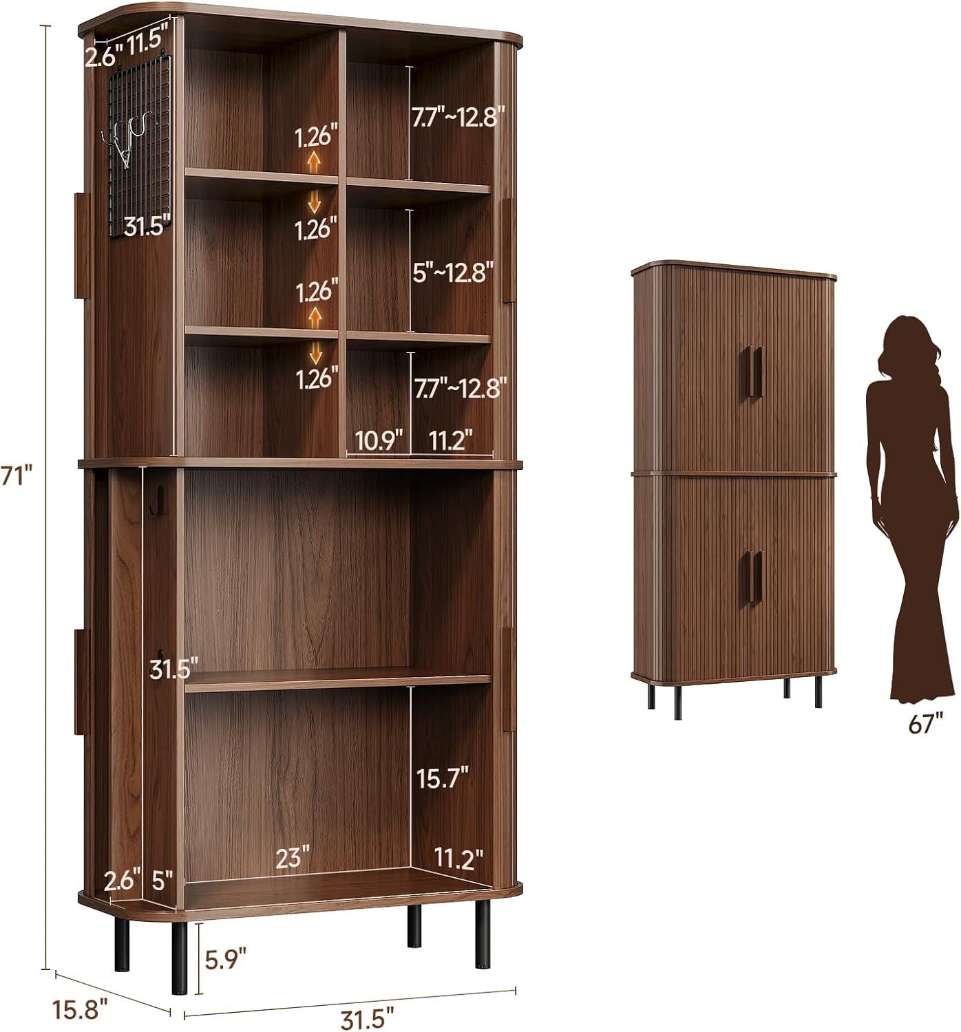 71" Tall Fluted Pantry Cabinet, Mid-Century Modern Kitchen Pantry Storage Cabinet with 2 Pegboards, 10 Hooks, Freestanding Cupboard with 4 Adjustable Shelves, Sliding Doors for Dining Room