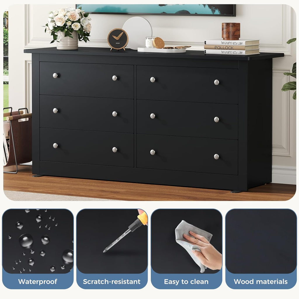 DUMOS Home Storage for Living Room, Wood Cabinet with 6 Drawers, 59" Wide TV Stand with Metal Handles, Storage Organizer for Bedroom, Entryway and Home Office, Wood