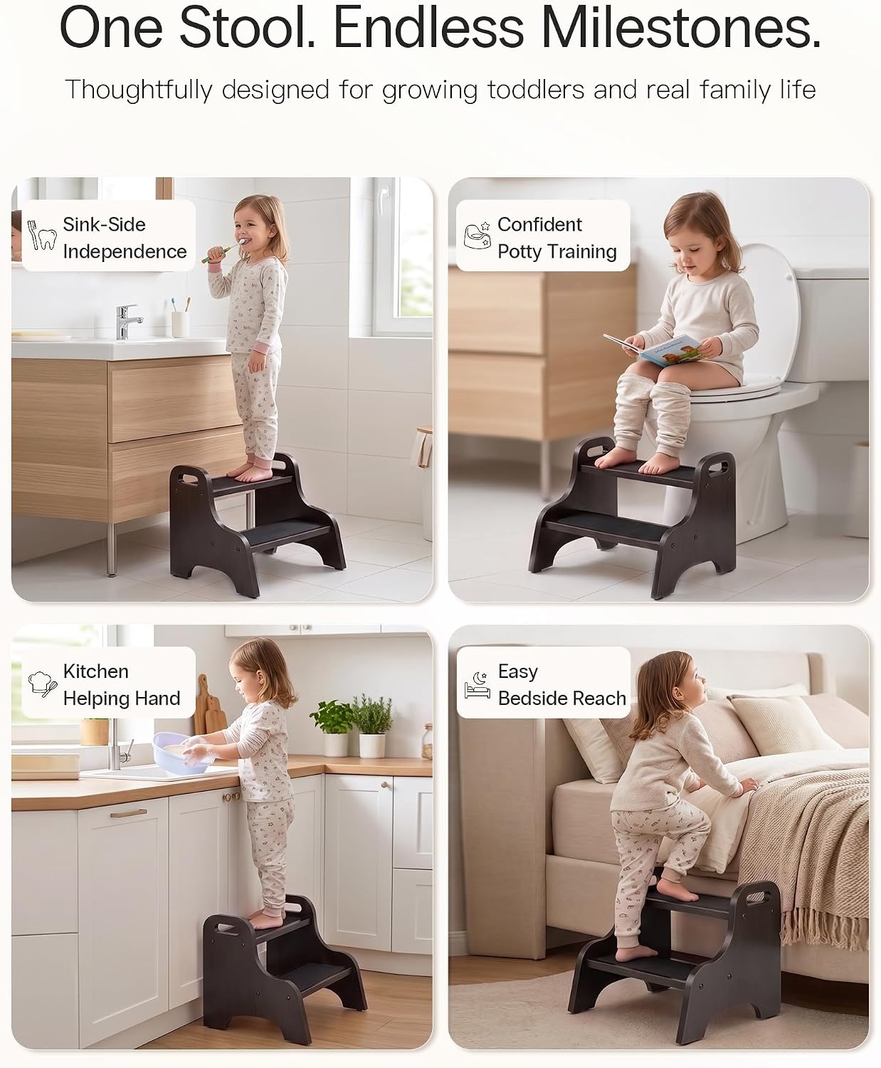StrongTek Wooden 2 Step Stool, 350 lb Capacity, Non-Slip, Espresso | Wide Non-Slip Surface, Portable Handles, Stable Support for Sink, Potty Training, Kitchen, Bathroom and Bedside