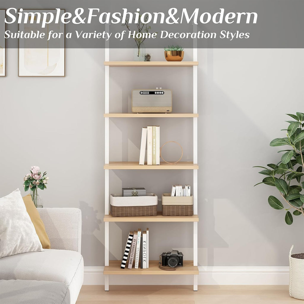 Karl home Oak 5 Tier Wall Mount Ladder Shelf, Metal Frame Open Bookcase