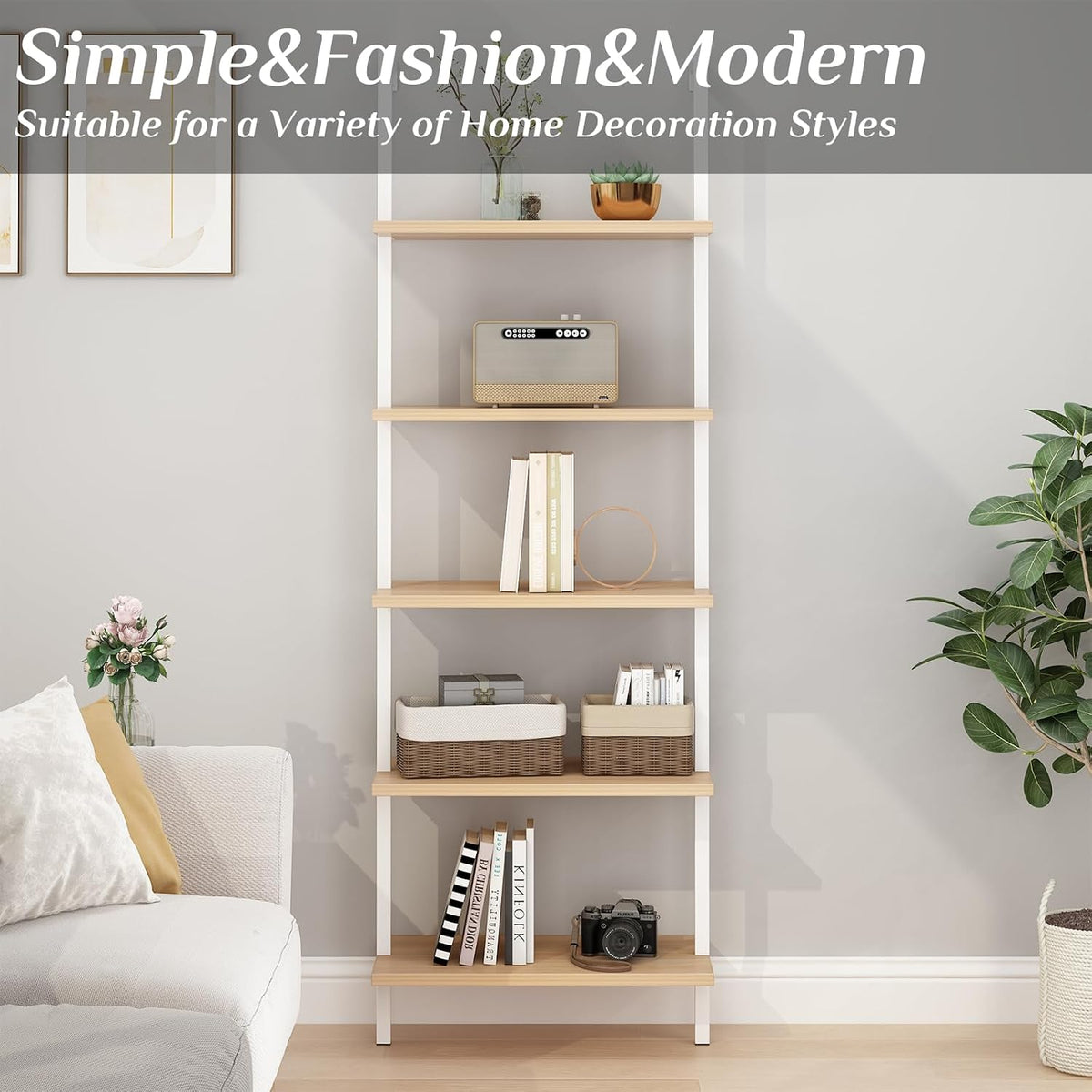 Karl home Oak 5 Tier Wall Mount Ladder Shelf, Metal Frame Open Bookcase