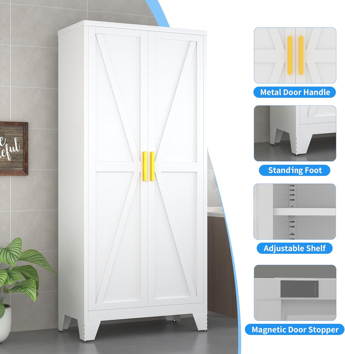 61" Tall Pantry Cabinet, White Metal Pantry Storage Cabinet | Metal Farmhouse Storage Cabinet,Kitchen Pantry Storage Cabinets with 2 Door and 3 Adjustable Shelves