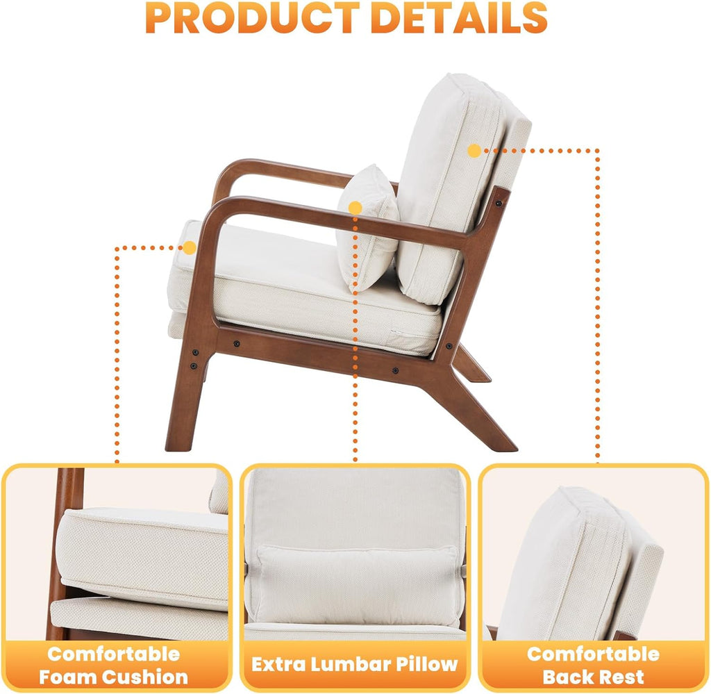 DUMOS Mid Century Modern Accent Chair, 16'' Seat Height Cozy Lounge Chair | Upholstered Armchair with Waist Cushion and Wood Frame for Living Room, Bedroom, Reading Nook, Home Corner, Balcony, Beige