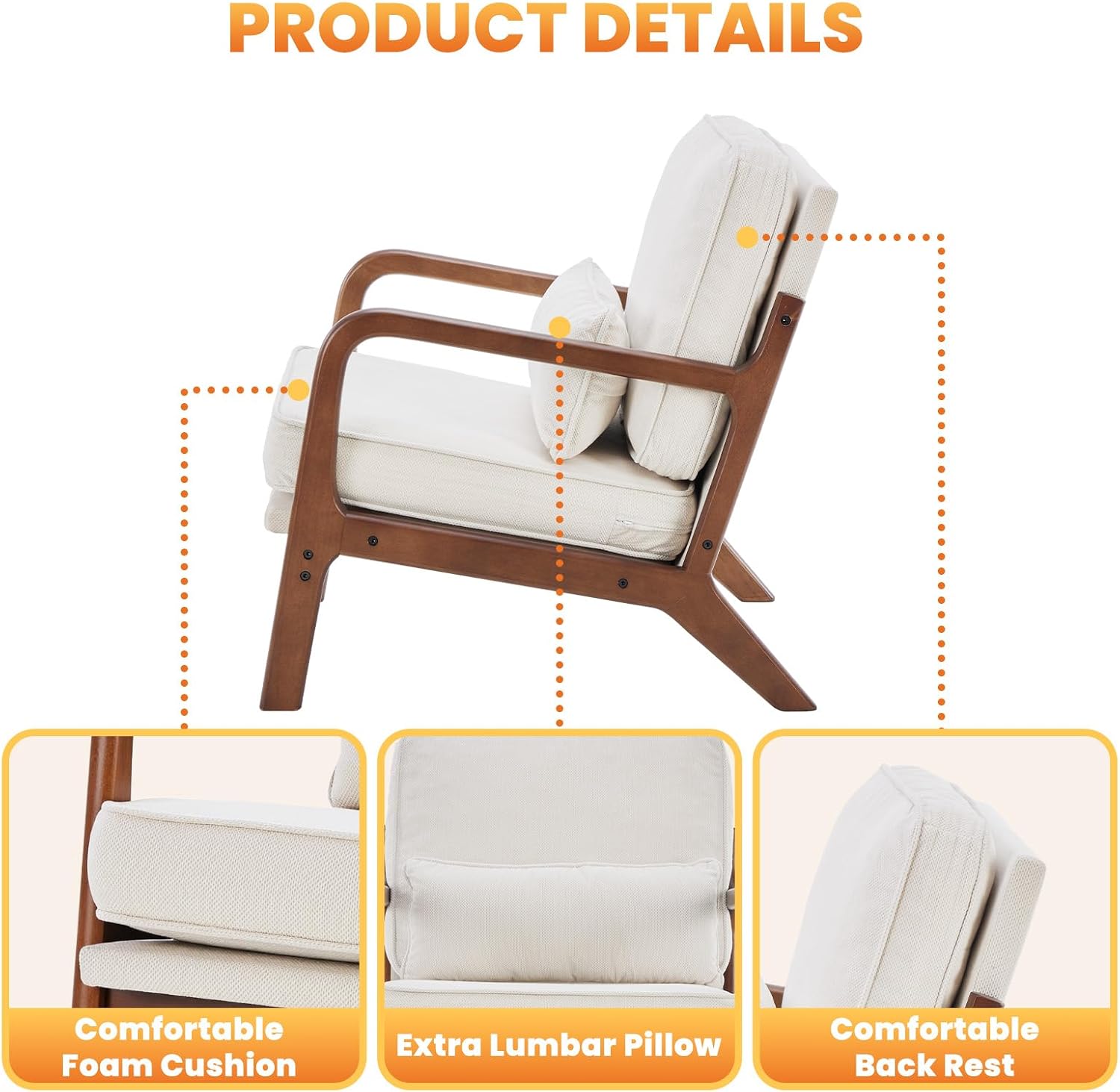 DUMOS Mid Century Modern Accent Chair, 16'' Seat Height Cozy Lounge Chair | Upholstered Armchair with Waist Cushion and Wood Frame for Living Room, Bedroom, Reading Nook, Home Corner, Balcony, Beige