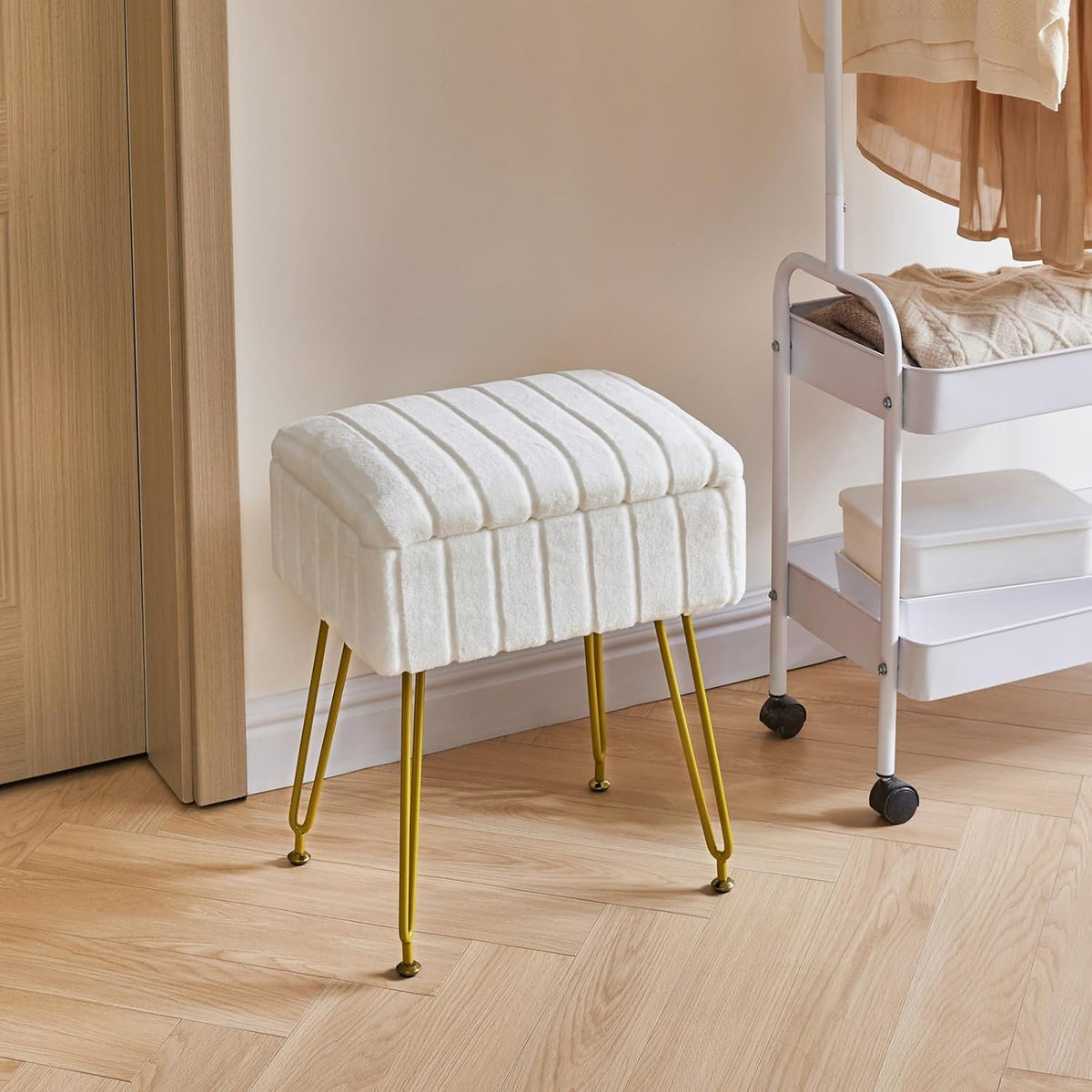 IBUYKE Vanity Chair with Storage, Faux Fur Footrest Ottoman, White LG-50W | Small Side Table Vanity Stool Makeup Room Bedroom Anti-Slip Feet