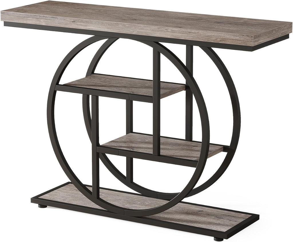 Tribesigns 41.3" Console Table, Industrial 4-Tier Sofa Table Entryway Table with Circle Base, Narrow Wood Accent Tables with Storage Shelves for Living Room, Hallway, Foyer, Gray | Industrial