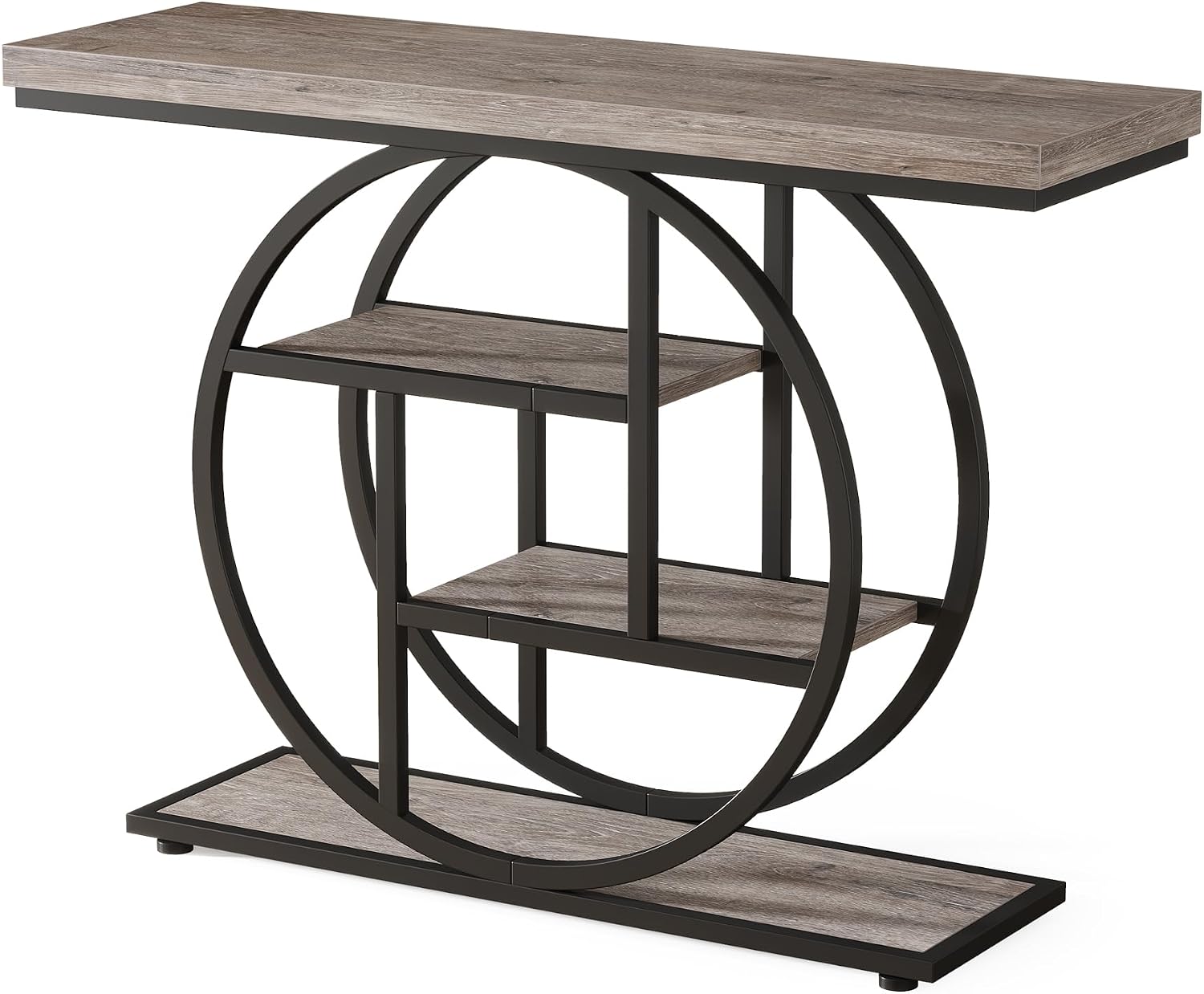 Tribesigns 41.3" Console Table, Industrial 4-Tier Sofa Table Entryway Table with Circle Base, Narrow Wood Accent Tables with Storage Shelves for Living Room, Hallway, Foyer, Gray | Industrial