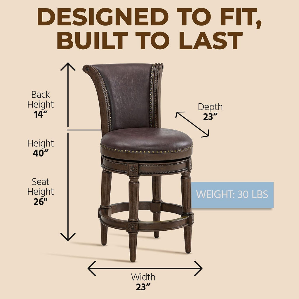 ROME + OAK Runyan 26 Swivel Counter Stool, Set of 3 | Rotating High Back Barstool in Dark Walnut Finish with Vintage Brown Vegan Leather Seat