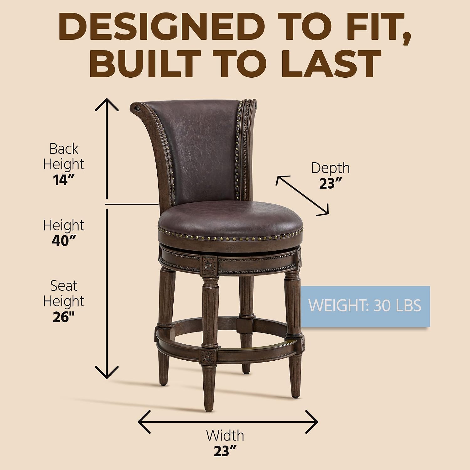 ROME + OAK Runyan 26 Swivel Counter Stool, Set of 3 | Rotating High Back Barstool in Dark Walnut Finish with Vintage Brown Vegan Leather Seat