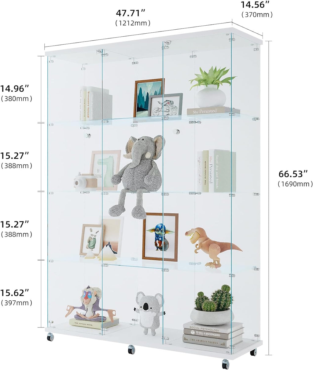 4 Shelves Glass Display Cabinet with 2 Doors Extra Large Display Case Curio Cabinets with Whees & Lock,Glass Bookshelf Storage Collection Display Case for Living Room,47.71"W x 14.37" D x 66.53"H