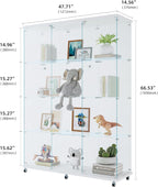 4 Shelves Glass Display Cabinet with 2 Doors Extra Large Display Case Curio Cabinets with Whees & Lock,Glass Bookshelf Storage Collection Display Case for Living Room,47.71"W x 14.37" D x 66.53"H