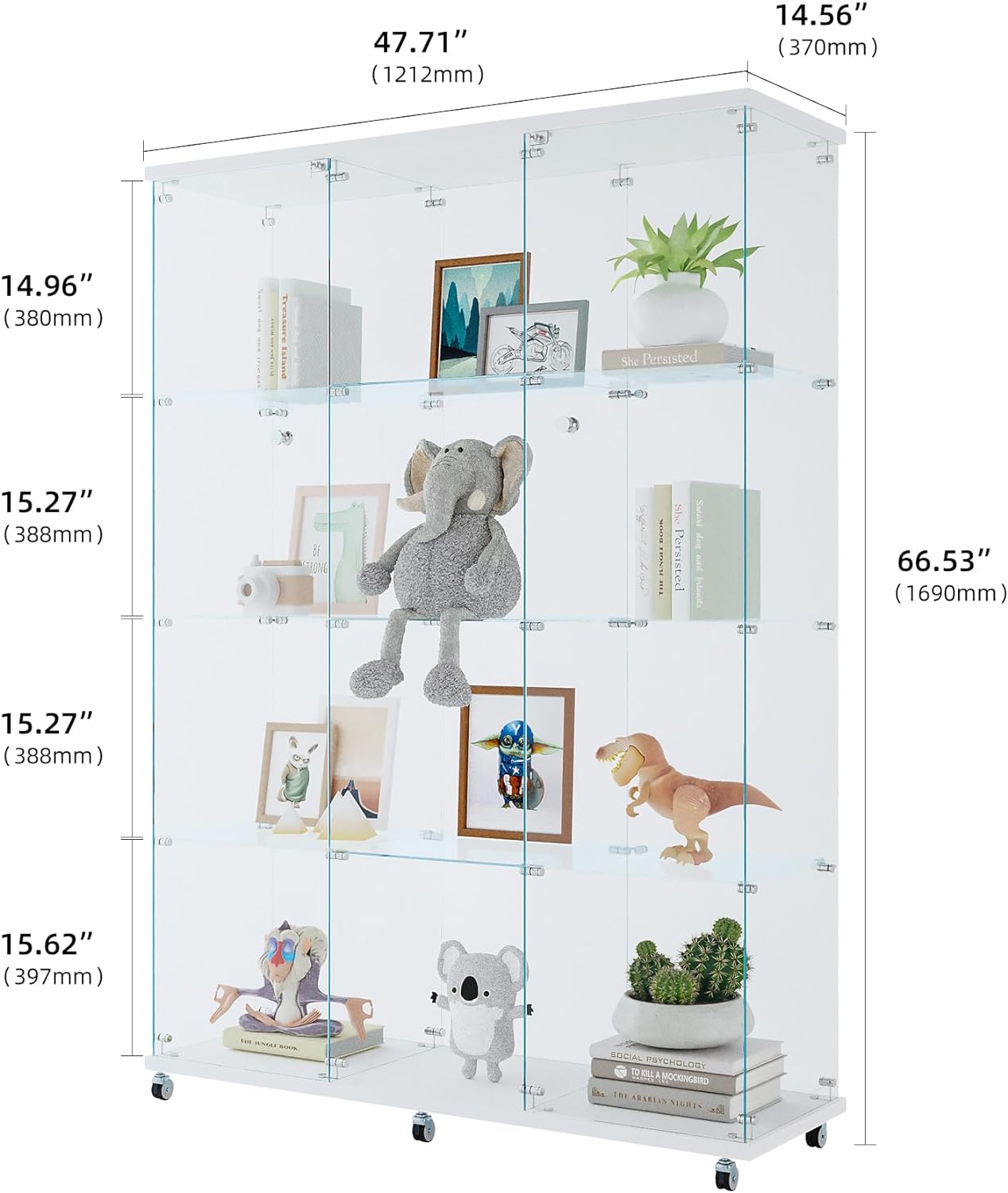 4 Shelves Glass Display Cabinet with 2 Doors Extra Large Display Case Curio Cabinets with Whees & Lock,Glass Bookshelf Storage Collection Display Case for Living Room,47.71"W x 14.37" D x 66.53"H